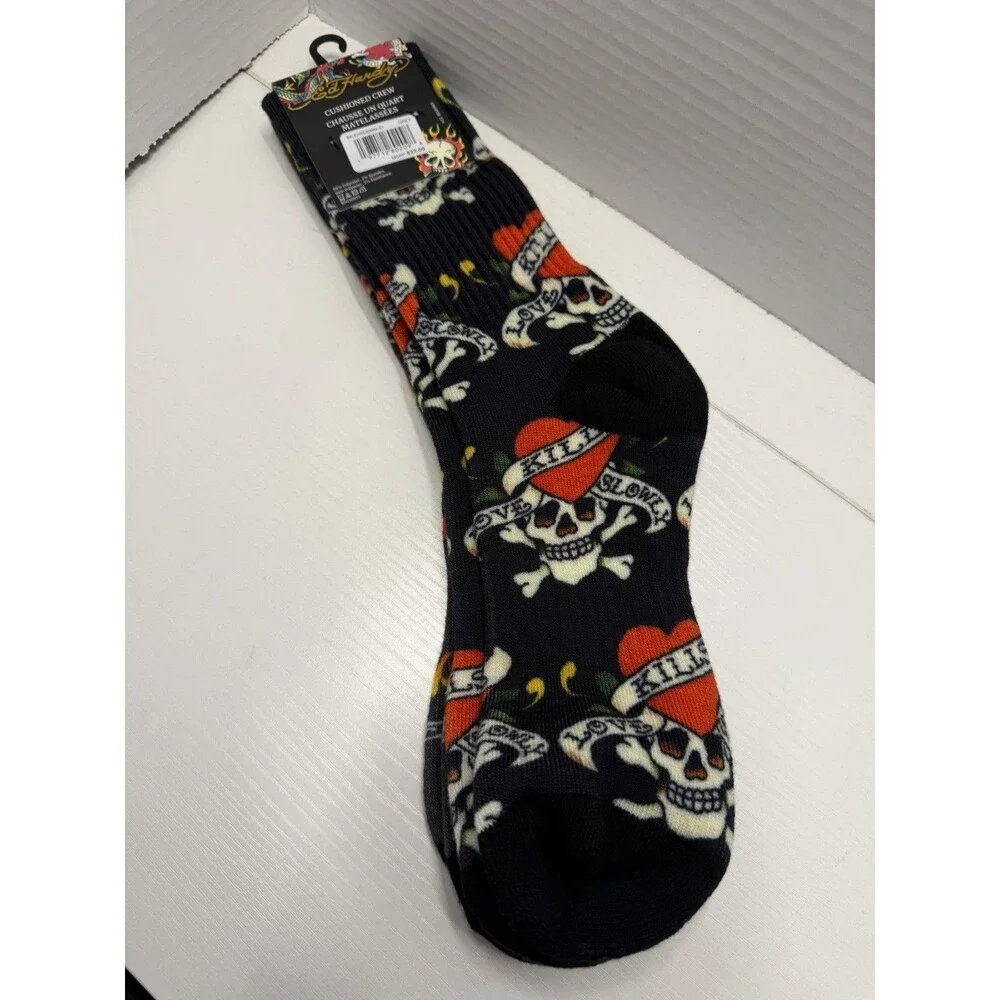 Ed Hardy Men's Crew Socks 2 Pairs Black Red Yellow Skull Tattoo 10-13
